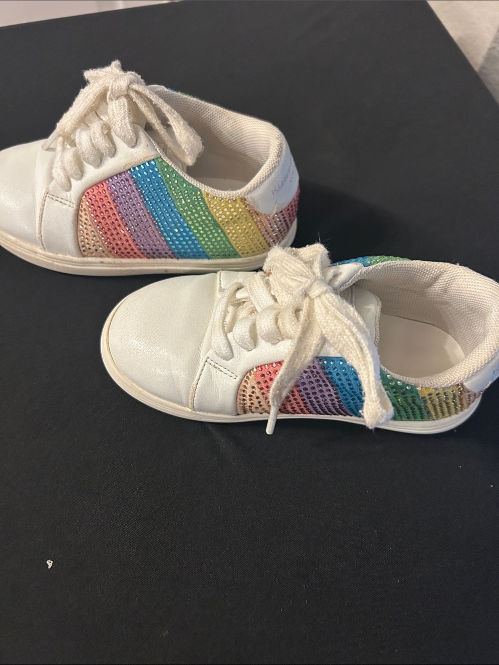 Kurt Geiger White Lace-Up Kids Sneakers with Rainbow Sequin Stripes
